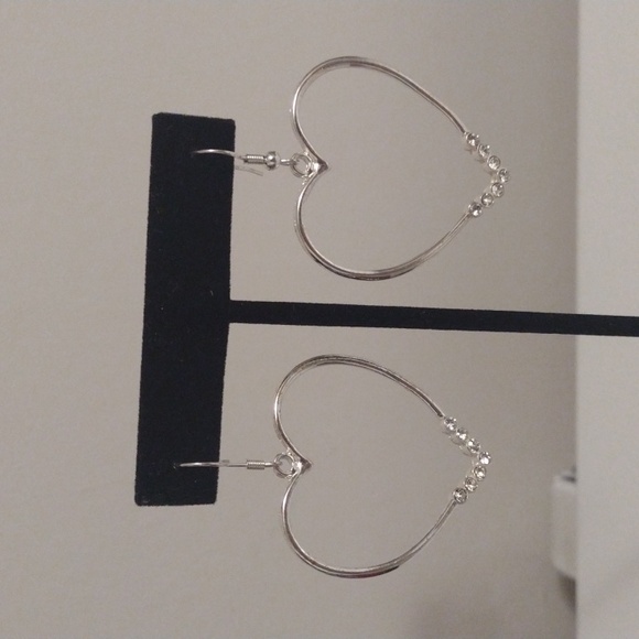 Vintage silver tone heart shaped hoop and rhinestone pierced hook earrings - Picture 1 of 4